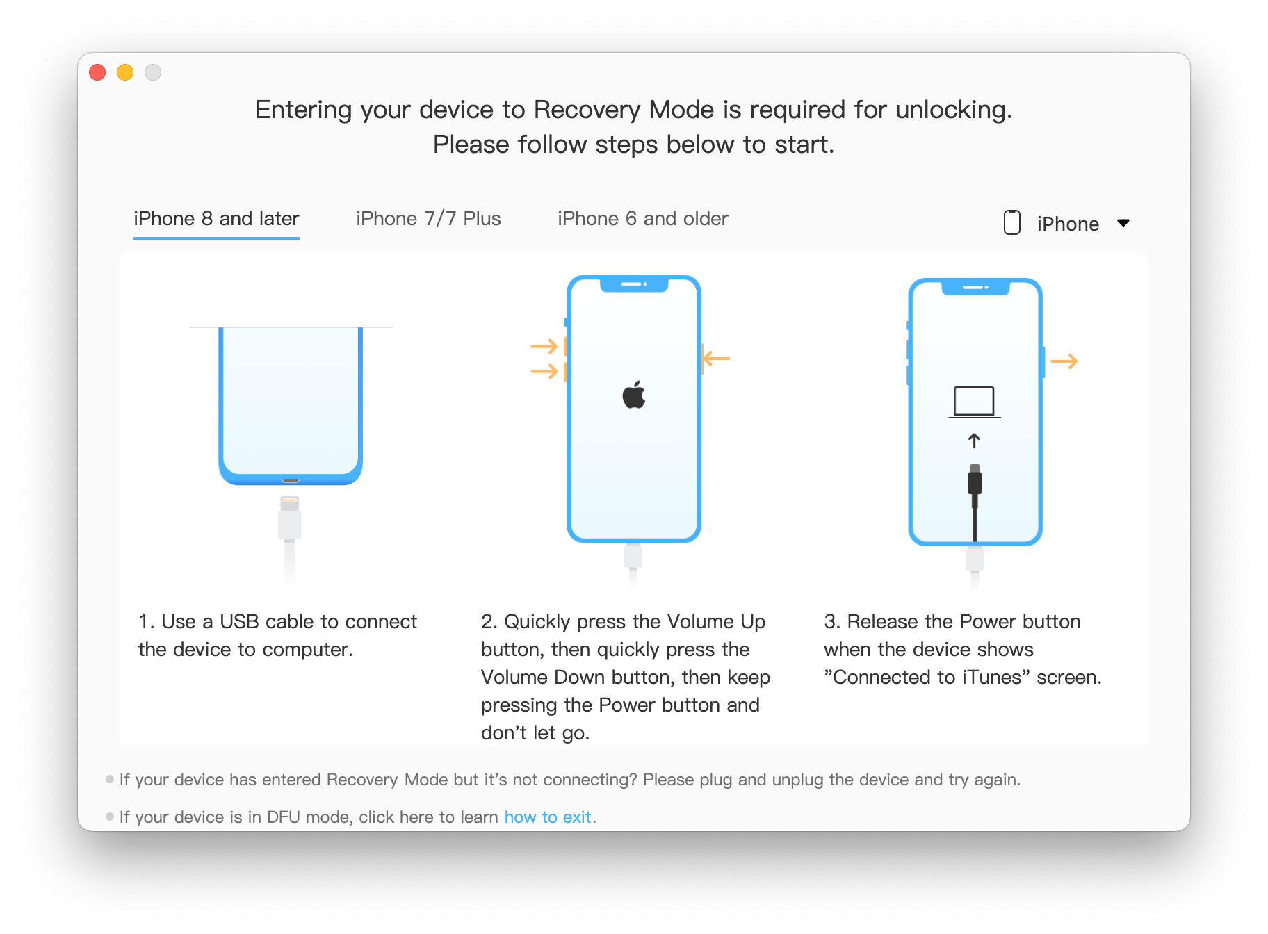 Formatear iPhone bloqueado - Pon tu iPhone en modo de Recuperación
