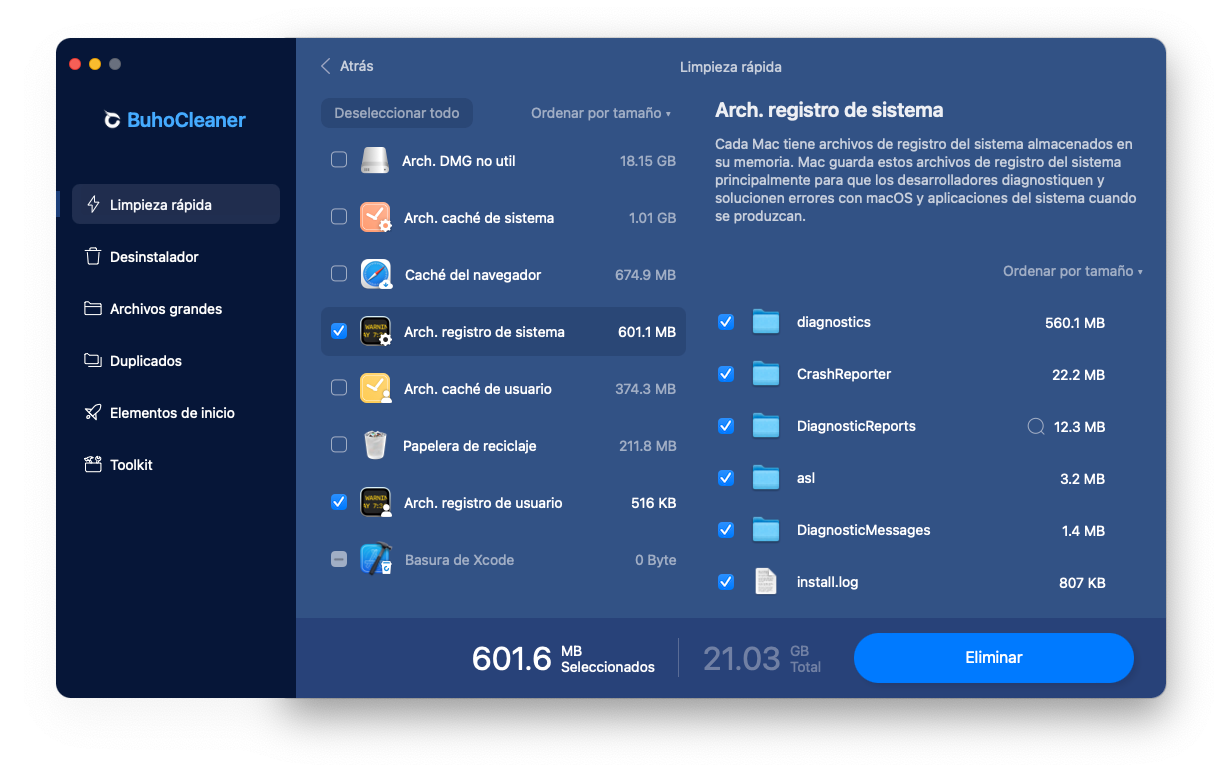 Borre rápidamente los archivos de registro en Mac con BuhoCleaner