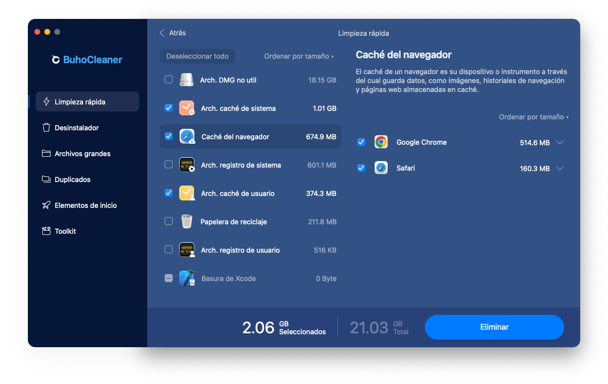 Borrar cachés rápidamente en Mac con BuhoCleaner