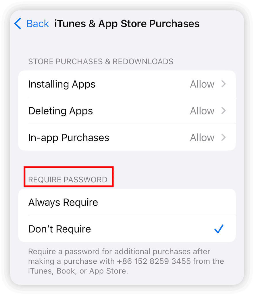 Einstellungen für Passwortanforderung bei App Store-Käufen