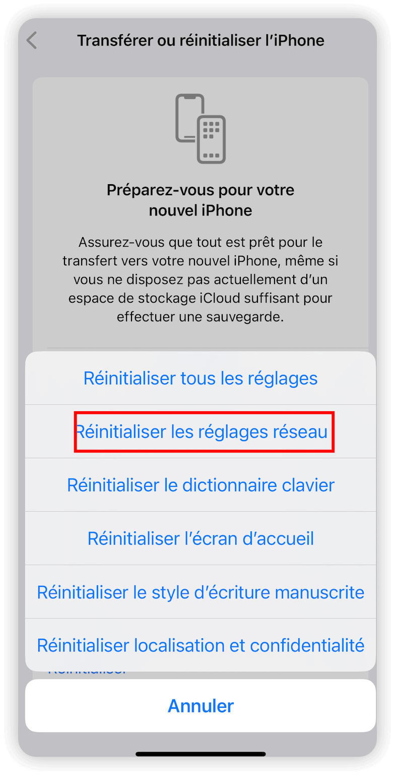 Réinitialiser les paramètres réseau