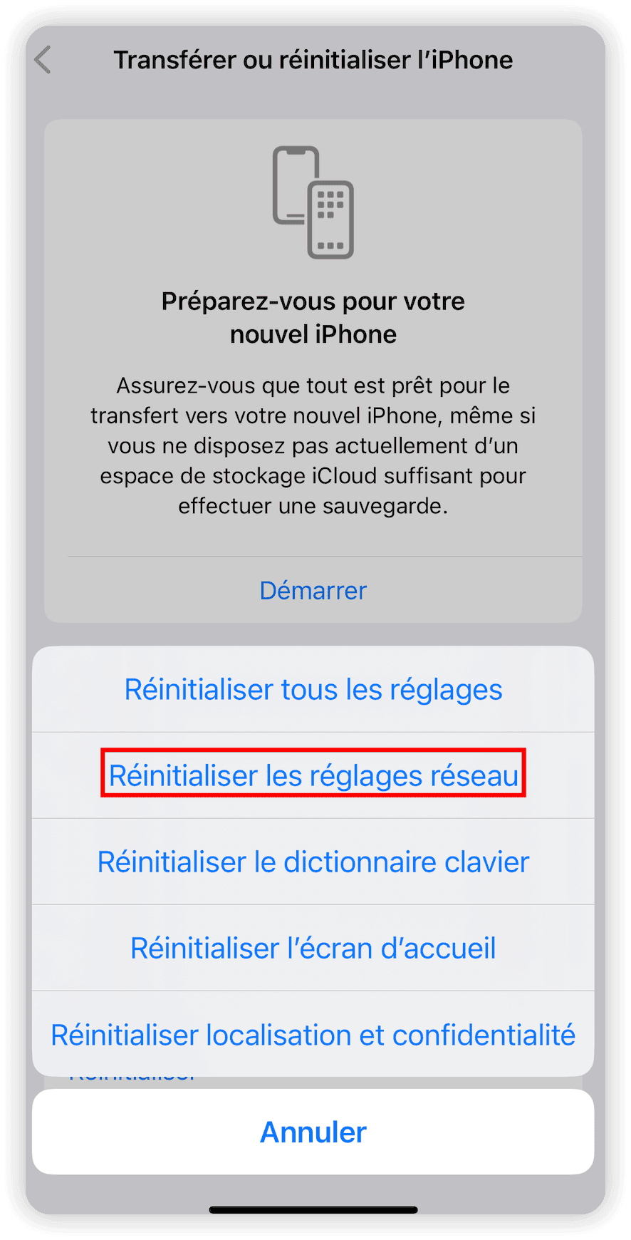 Réinitialiser les réglages réseau