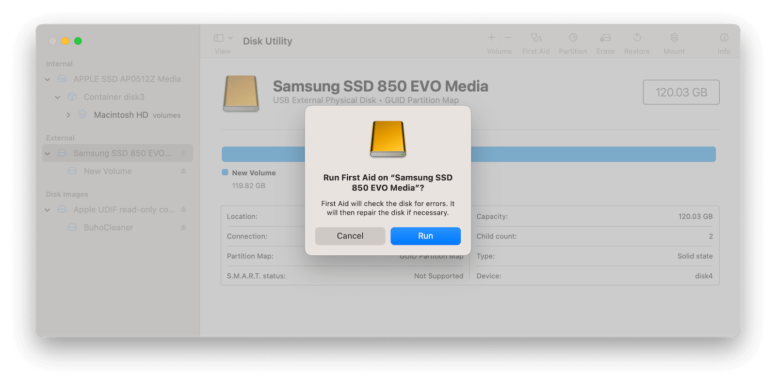 Run First Aid for External Hard Drive with Disk Utility
