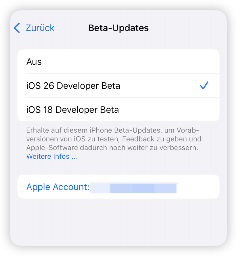 iOS 26 Developer Beta auswählen