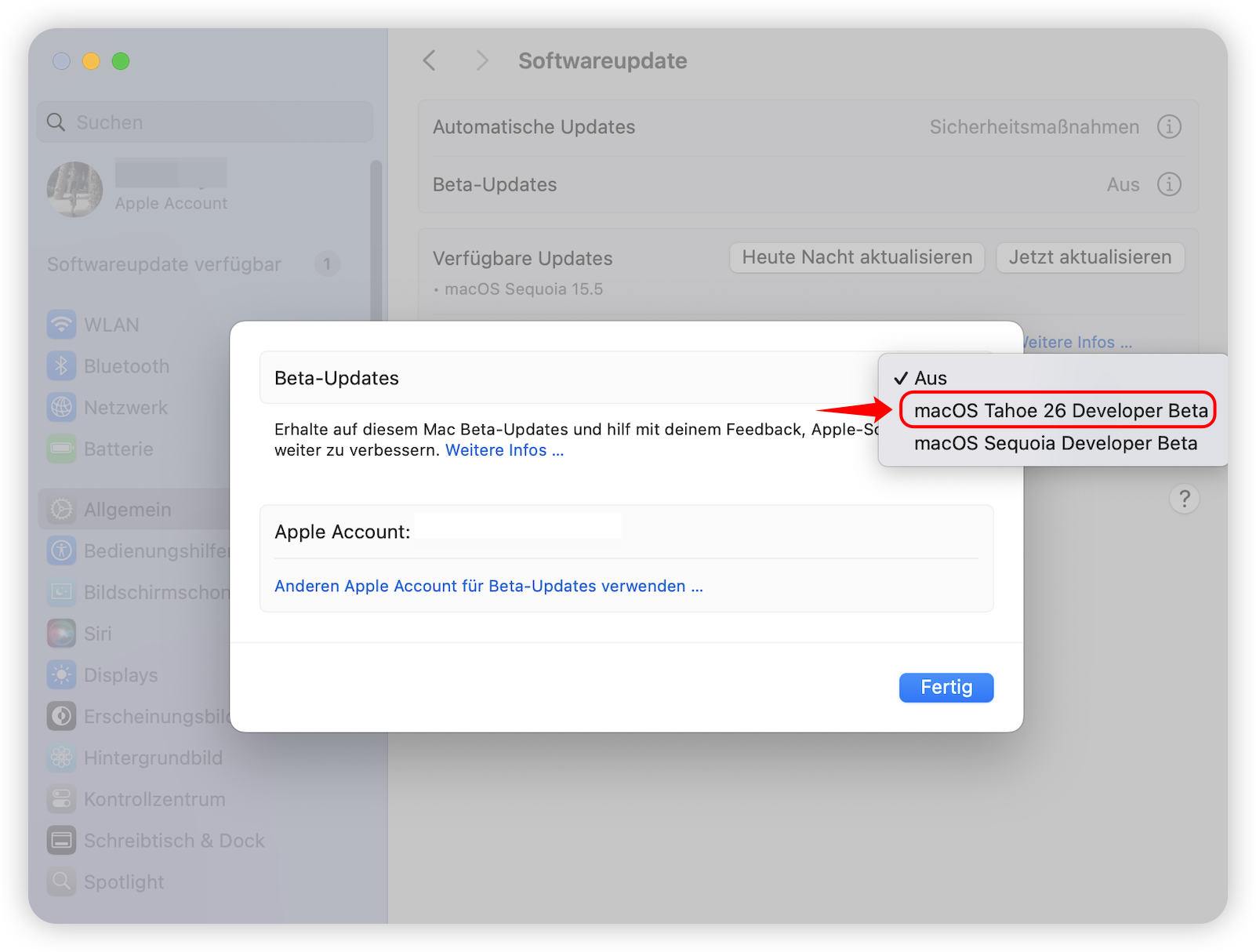 Wählen Sie macOS Tahoe 26 Developer Beta