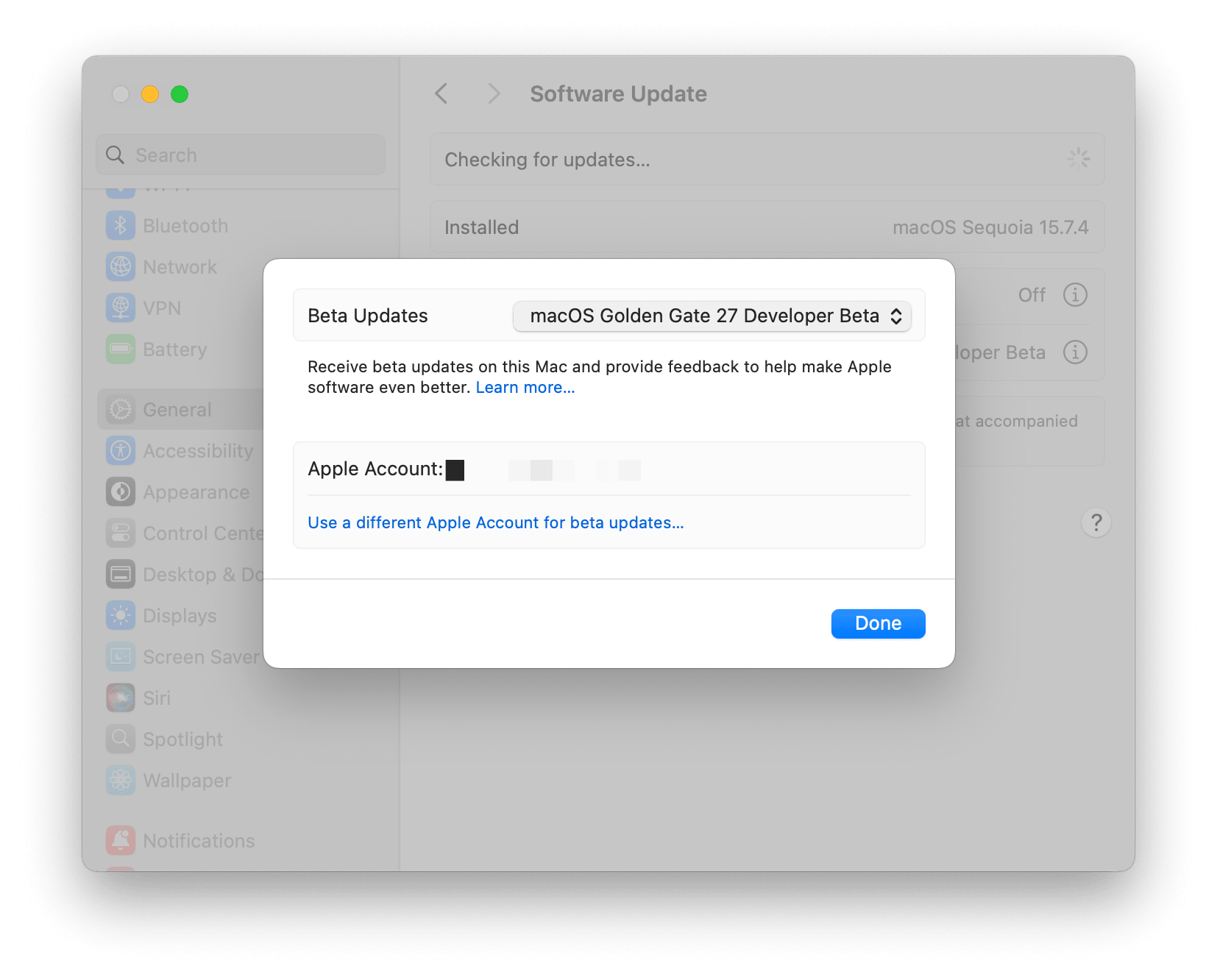 Selecteer macOS Golden Gate 27 Developer Beta