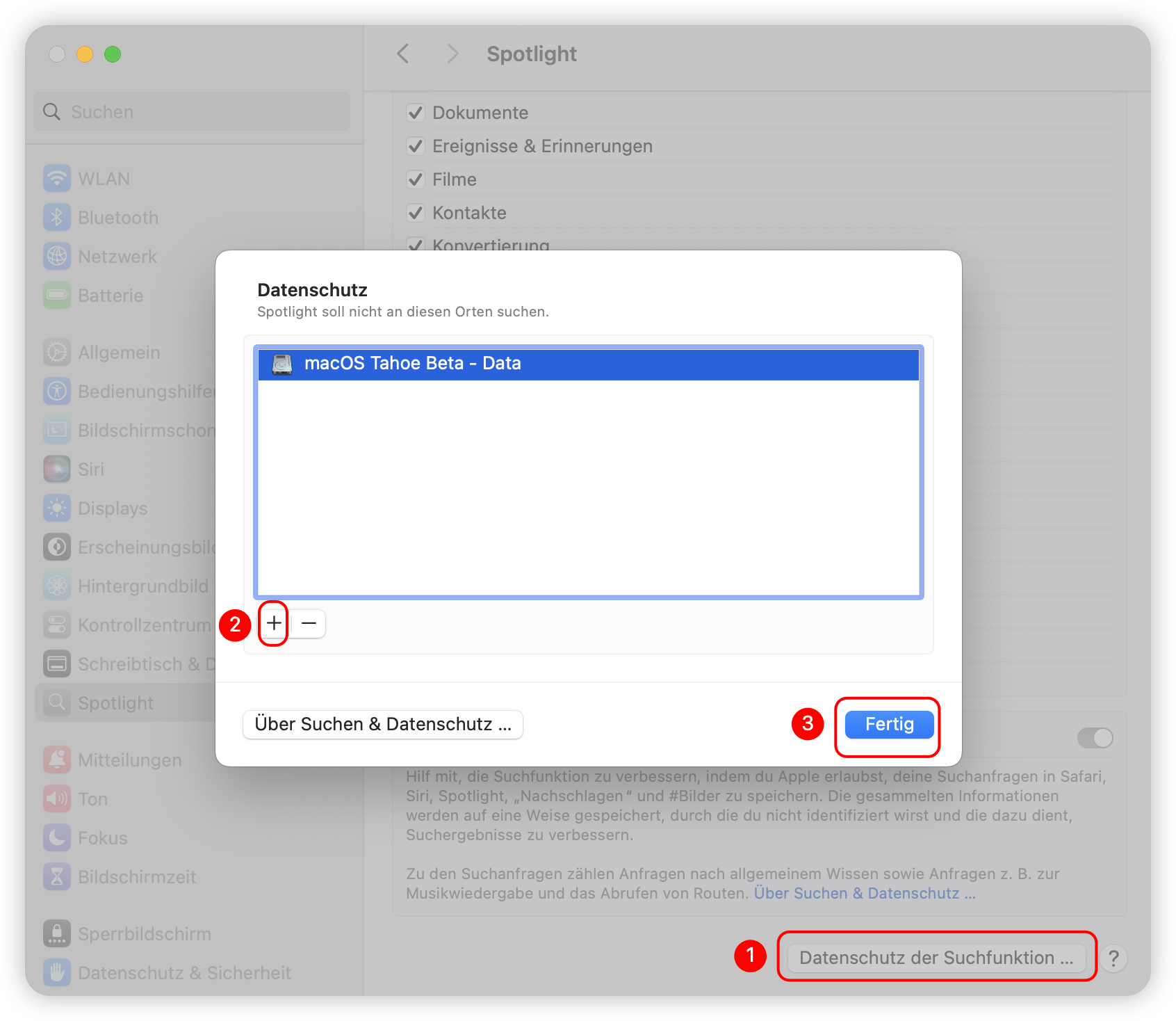 Spotlight-Index neu aufbauen