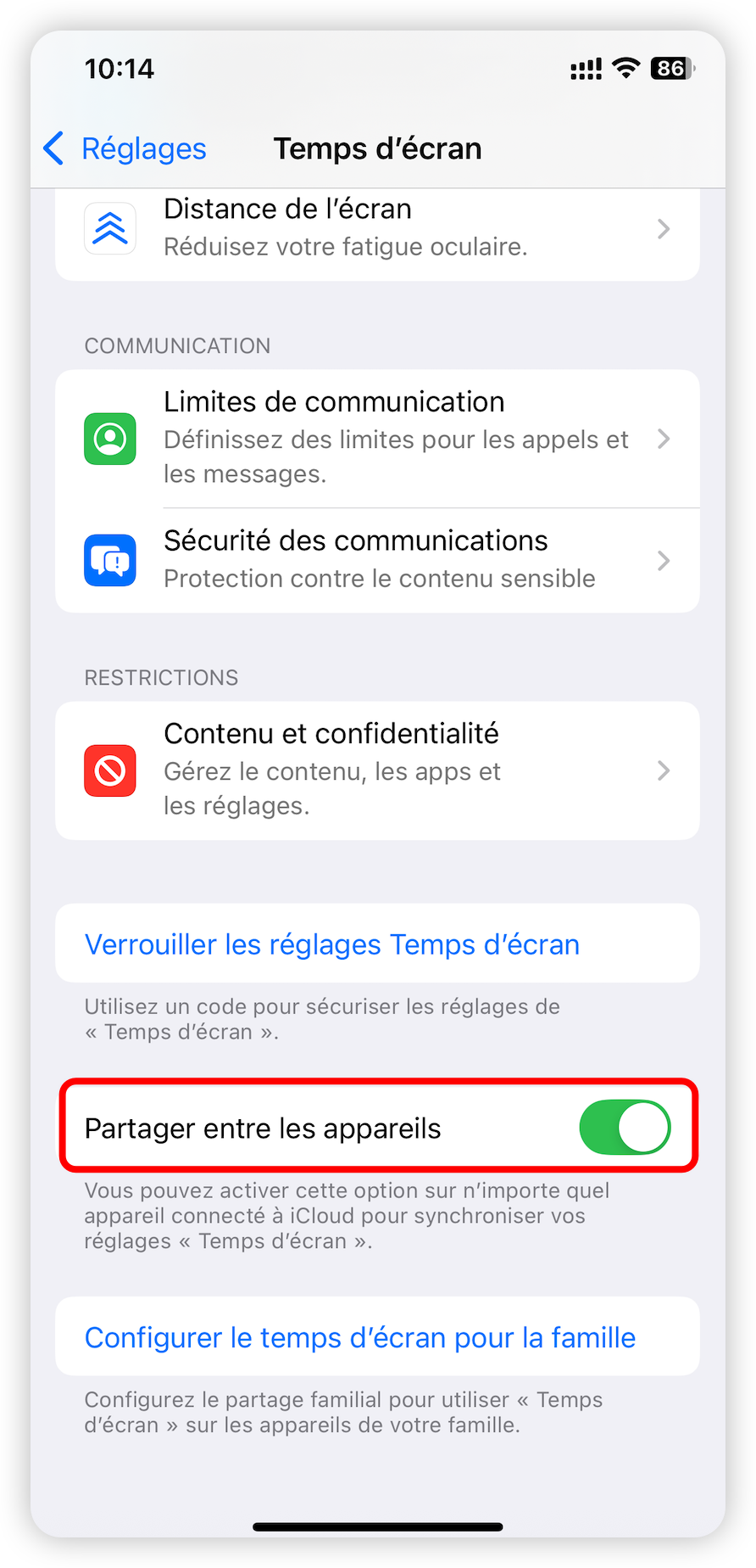 Désactiver partager entre les appareils