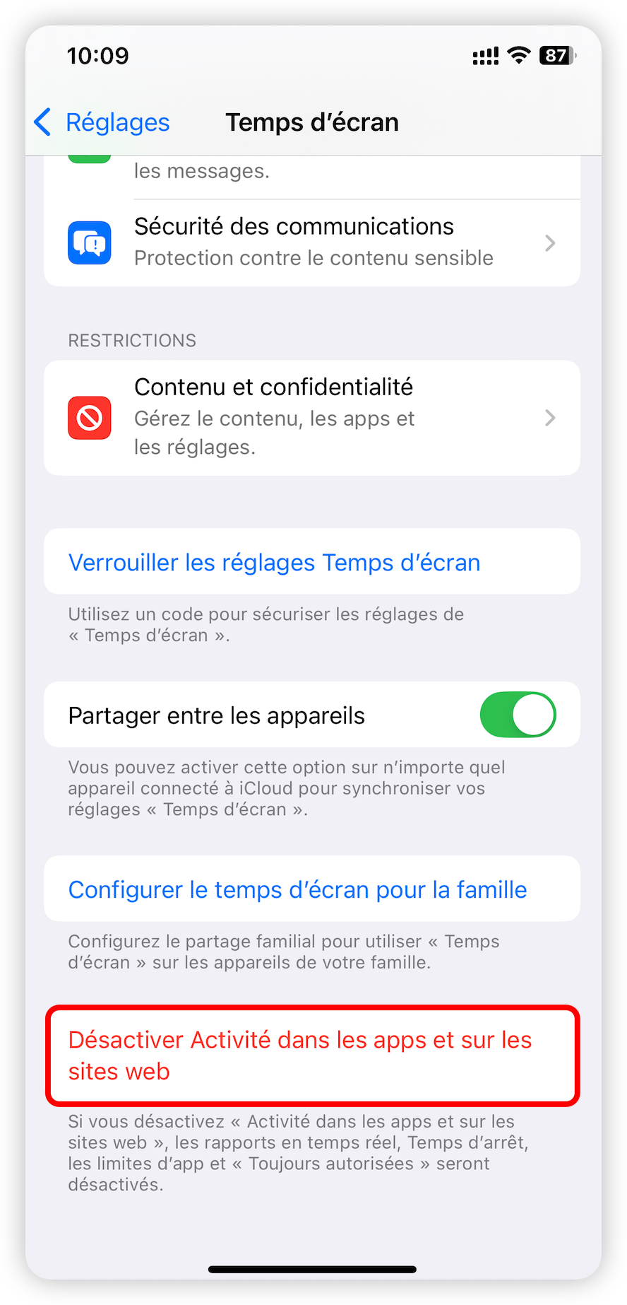 Désactiver Activité dans les applications et sur les sites web