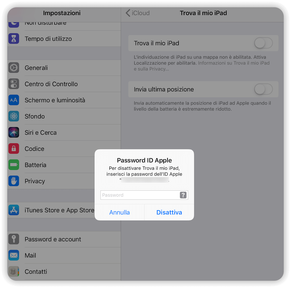 Disattivare Trova il mio iPad