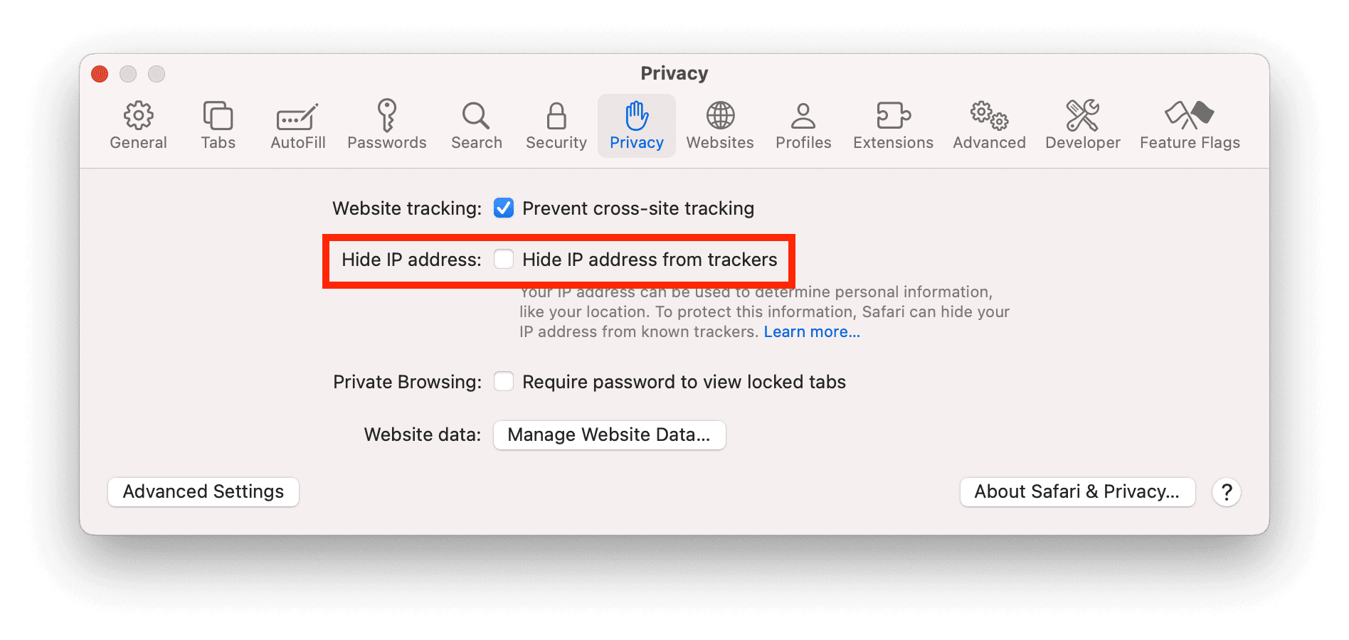Disable Hide IP Address in Safari on Mac
