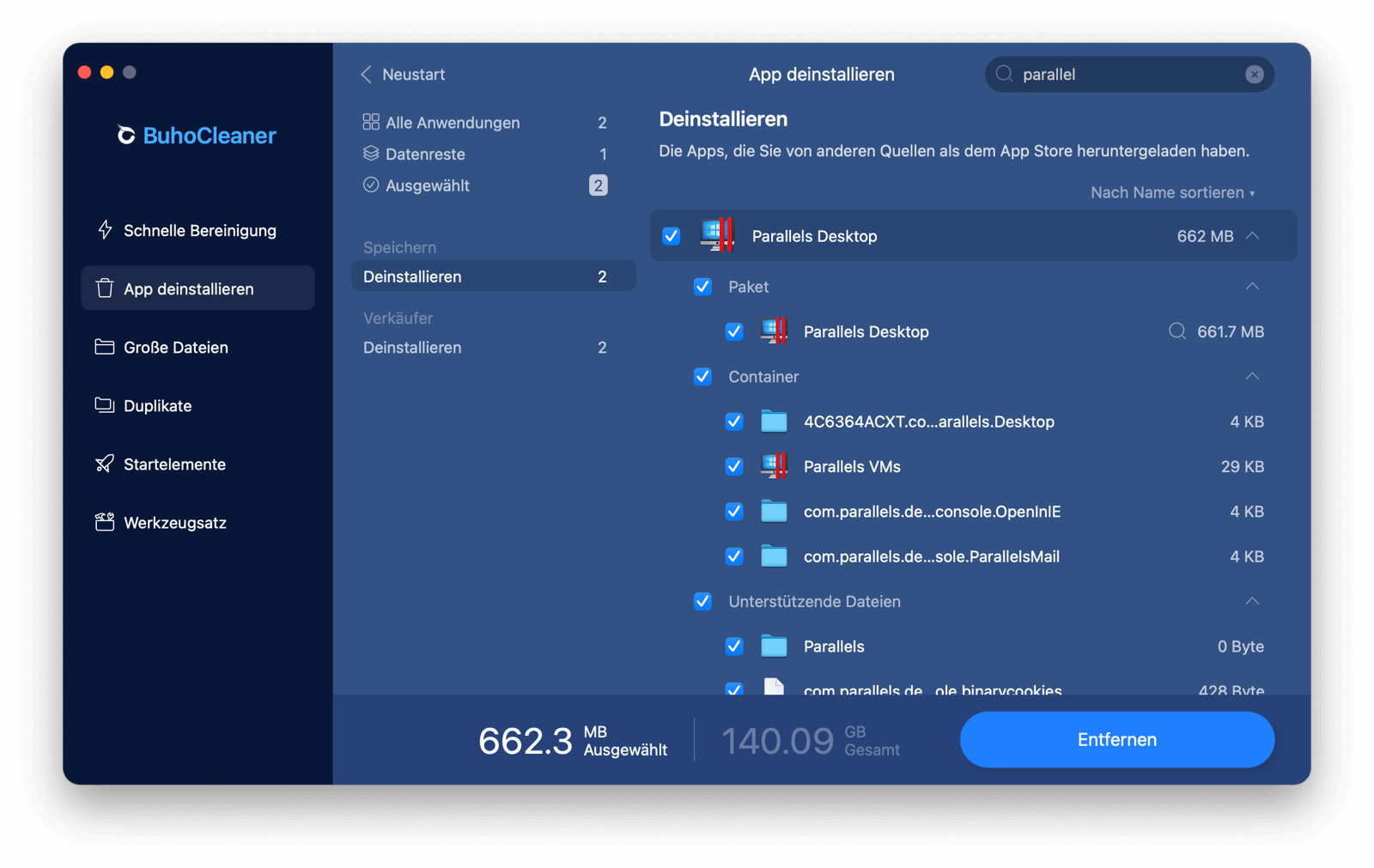Deinstallieren Sie Parallels mit Buohocleaner