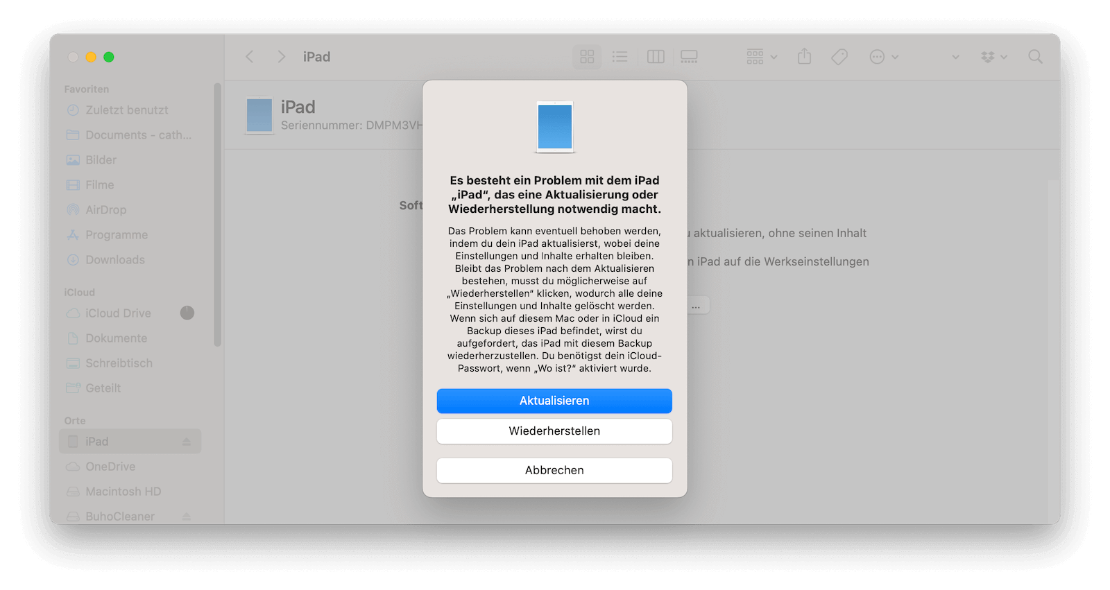 Im Wiederherstellungsmodus mit dem Finder iPad entsperren