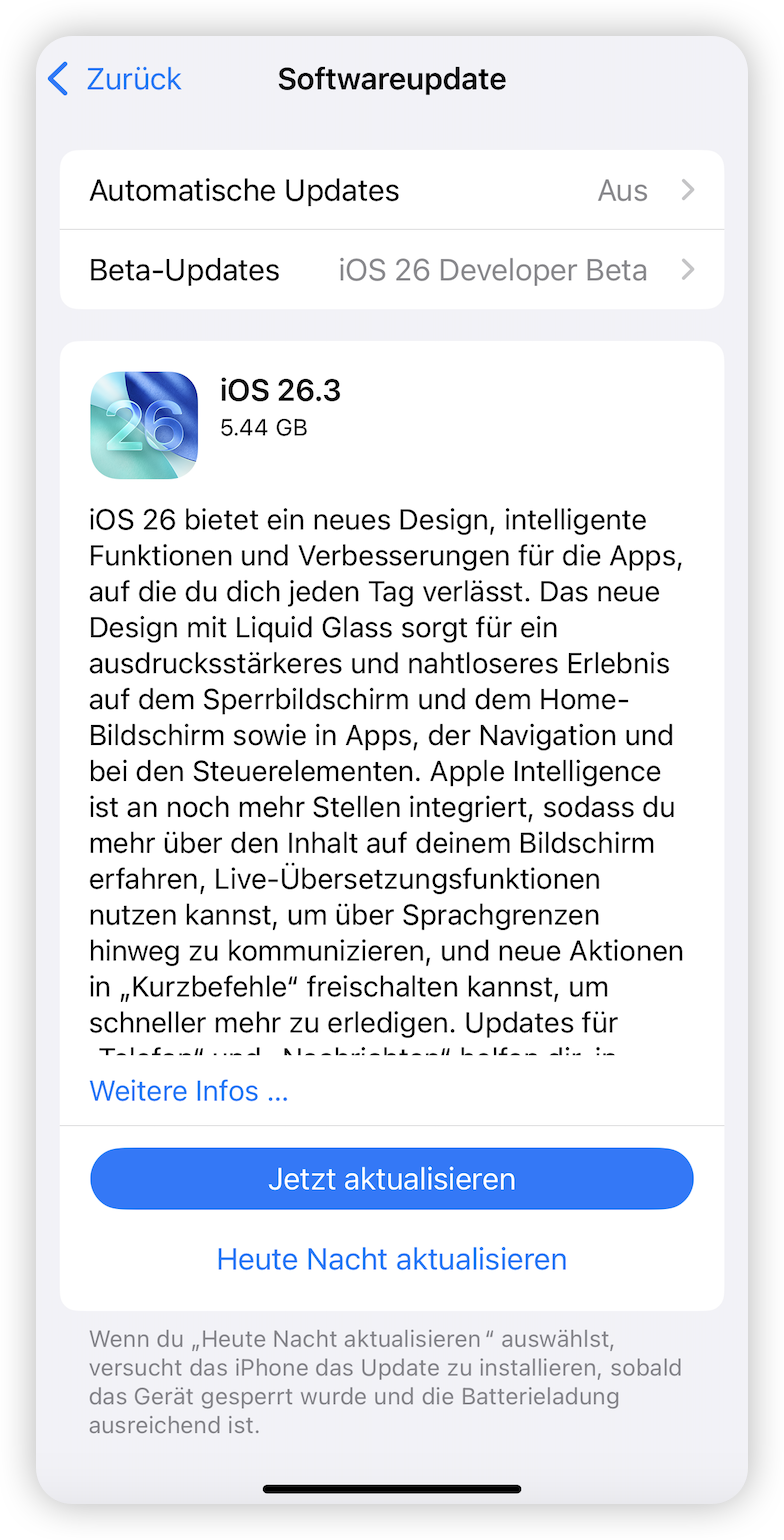 Auf iOS 26.3 Developer Beta aktualisieren