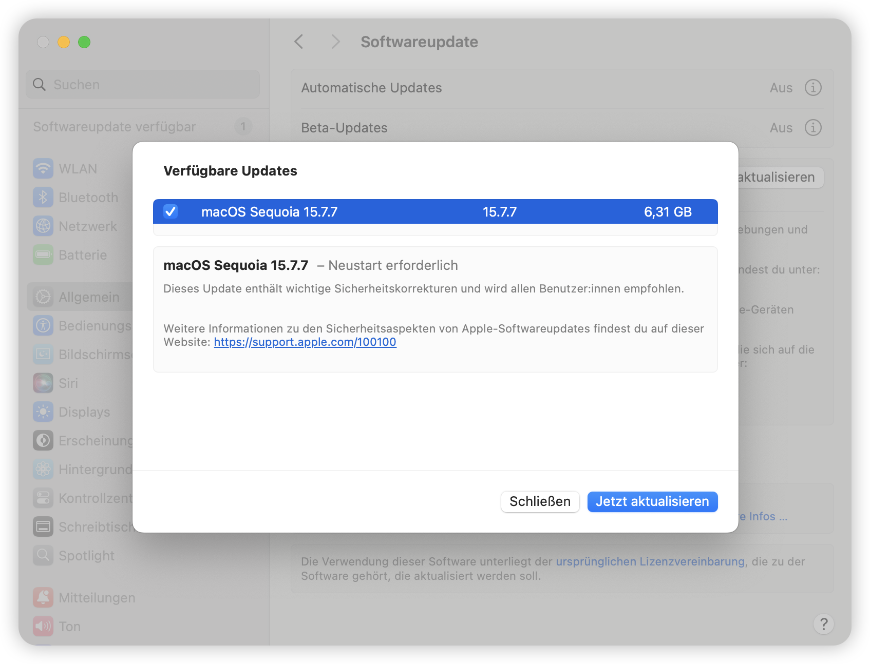 Update auf macOS Sequoia 15.7.7
