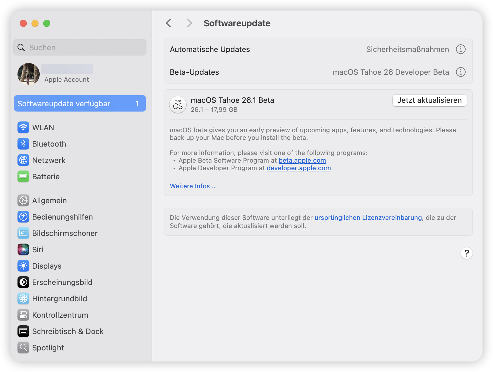 Laden Sie macOS Tahoe 26.1 Beta herunter