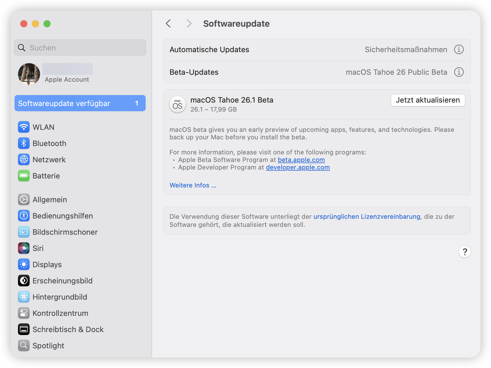 Auf macOS 26.1 Public Beta aktualisieren