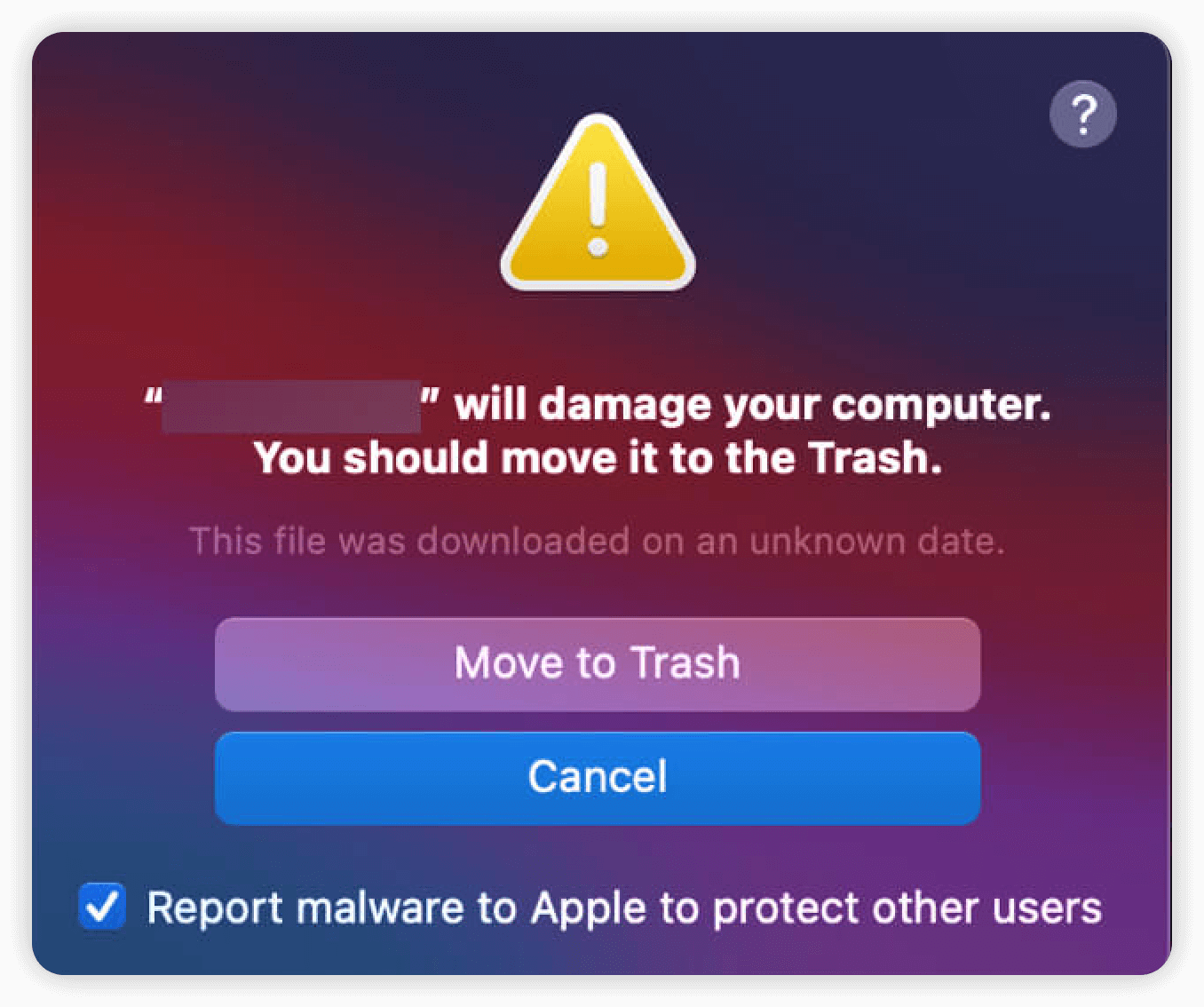 當 XProtect 偵測到 Mac 上的惡意軟體時顯示的警告